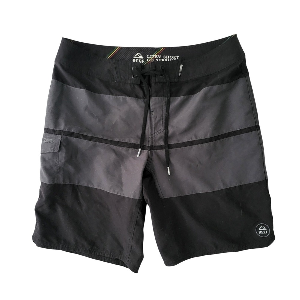Reef Mens Board Shorts Size 34 Black Grey Stripe Surf Swim Trunks Beach Vacation